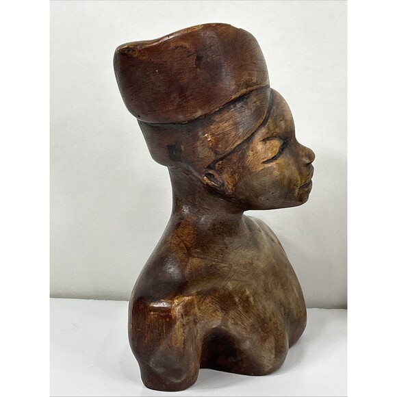 Pair Hand Carved African Tribal Wood Bust Man Woman Sculpture Folk Art Smooth - Picture 8 of 10